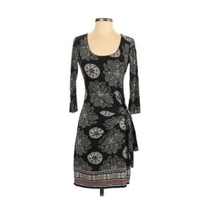Max Studio Dress Sz XS Black Boho Sheath Wrap Floral Long Sleeve Scoop Neck